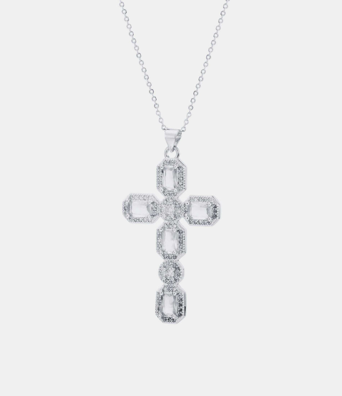 Amara Cross Necklace in White with a silver-tone chain and crystal-studded geometric cross pendant in clear stones.