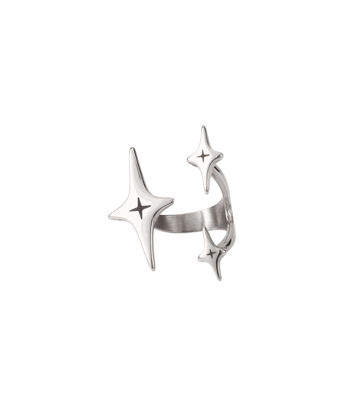 Silver stainless steel ring with a polished asymmetric band and three sculptural engraved stars; CHERRY ITALIAN CHARM BRACELET.