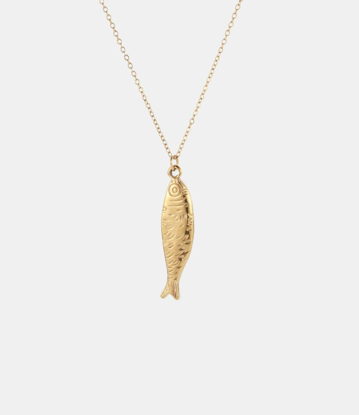 ATHENA FISH NECKLACE with a gold-tone fine chain and a textured sculptural fish pendant with engraved details