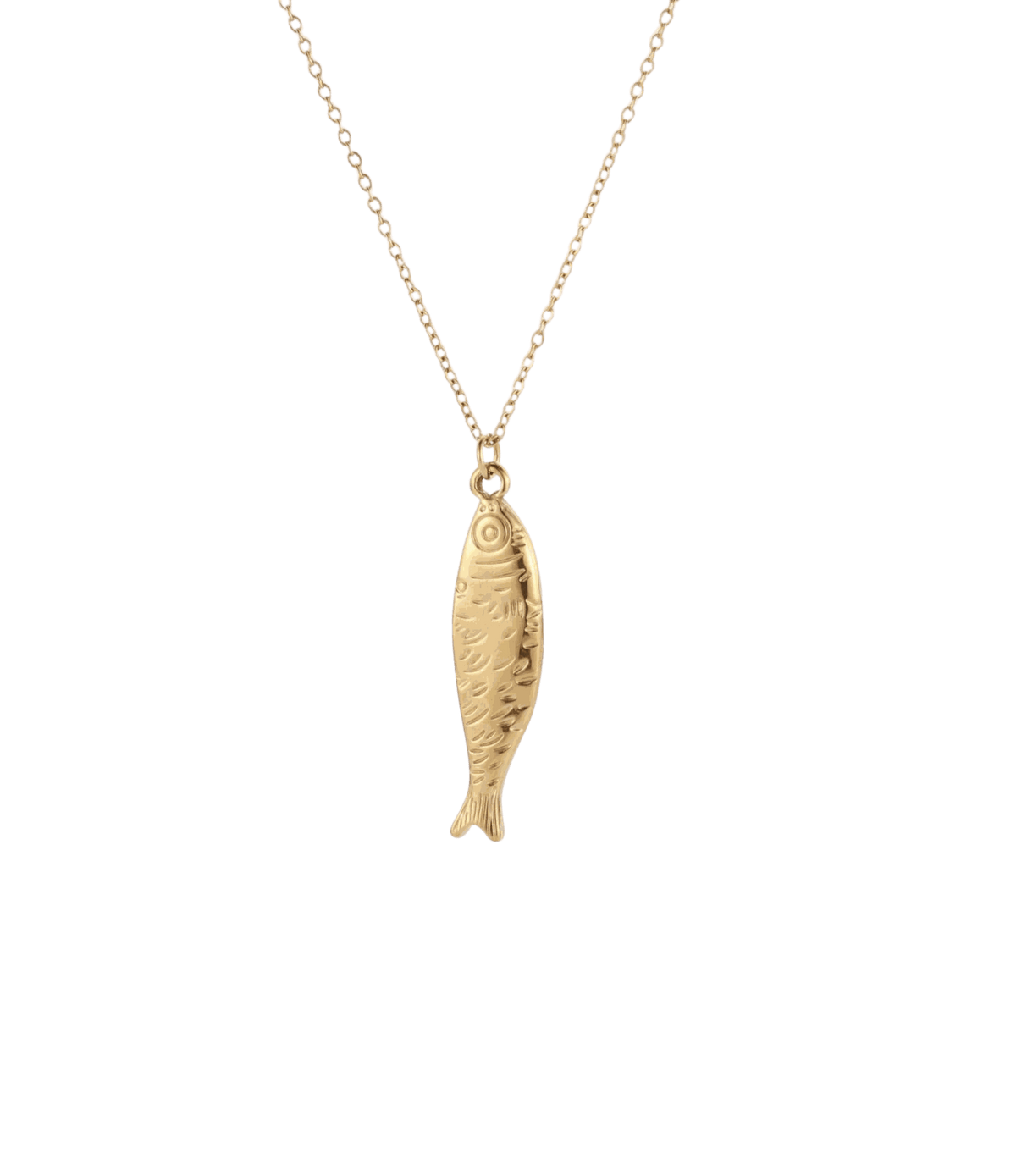 ATHENA FISH NECKLACE with a gold-tone fine chain and a textured sculptural fish pendant with engraved details