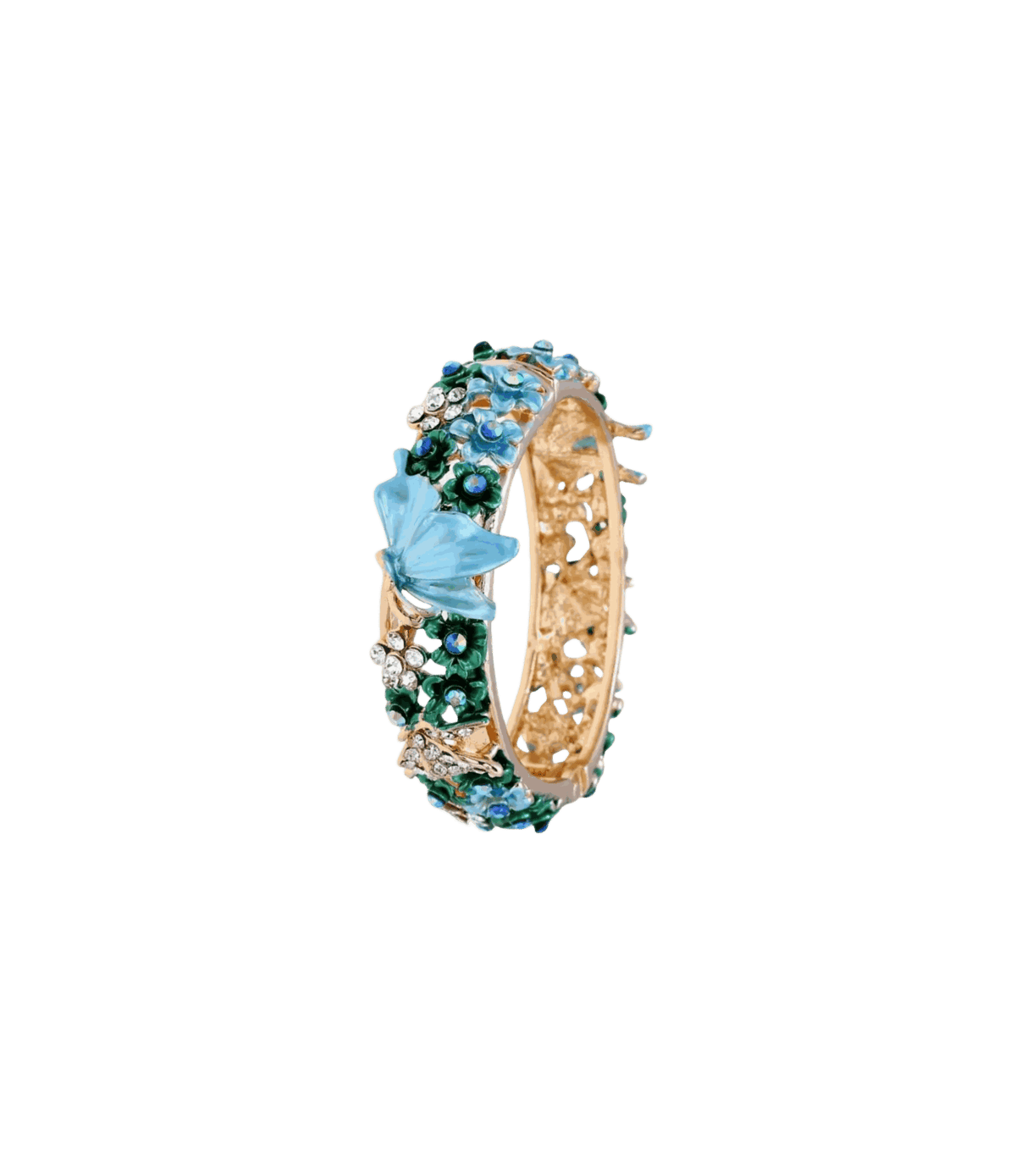 AURORA BANGLE IN BLUE, gold-tone openwork bangle with blue floral enamel details and sparkling green and clear stones