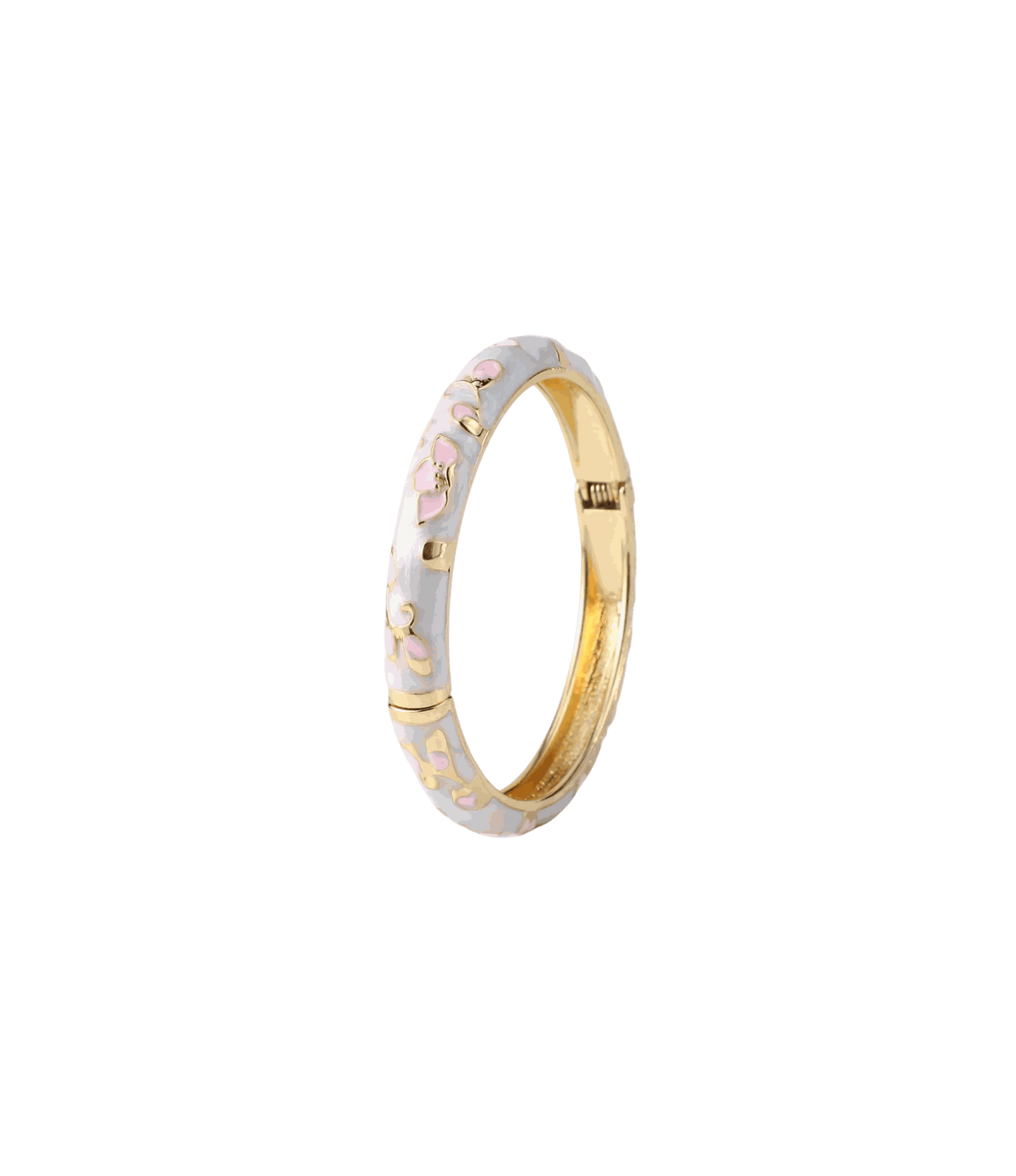 DAHLIA BANGLE IN SAKURA, a gold-tone bangle with pale pink and white enamel floral detailing and a hinged clasp.
