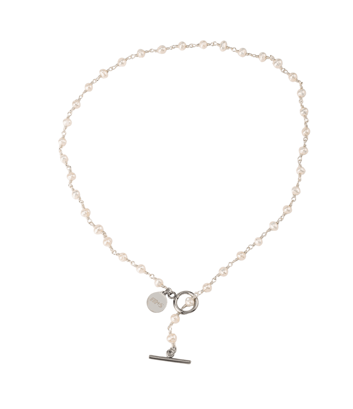 Brigitte Pearl Necklace - Freshwater pearl necklace in silver-tone metal with irregular white pearls and a T-bar clasp