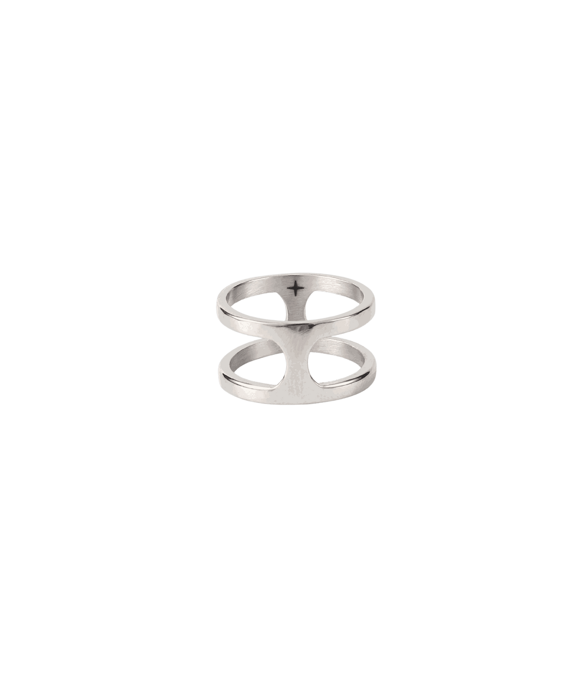 Silver stainless steel Calix ring with a polished sculptural double-band and open curved detailing, CHERRY ITALIAN CHARM BRACELET.
