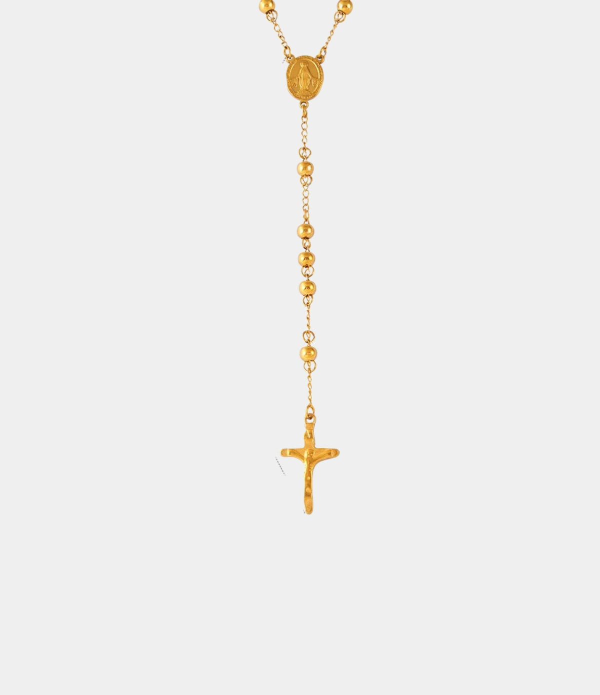 Celeste Nova Cross Necklace, gold-tone metal rosary chain with polished beads, oval medallion, and a cross pendant.