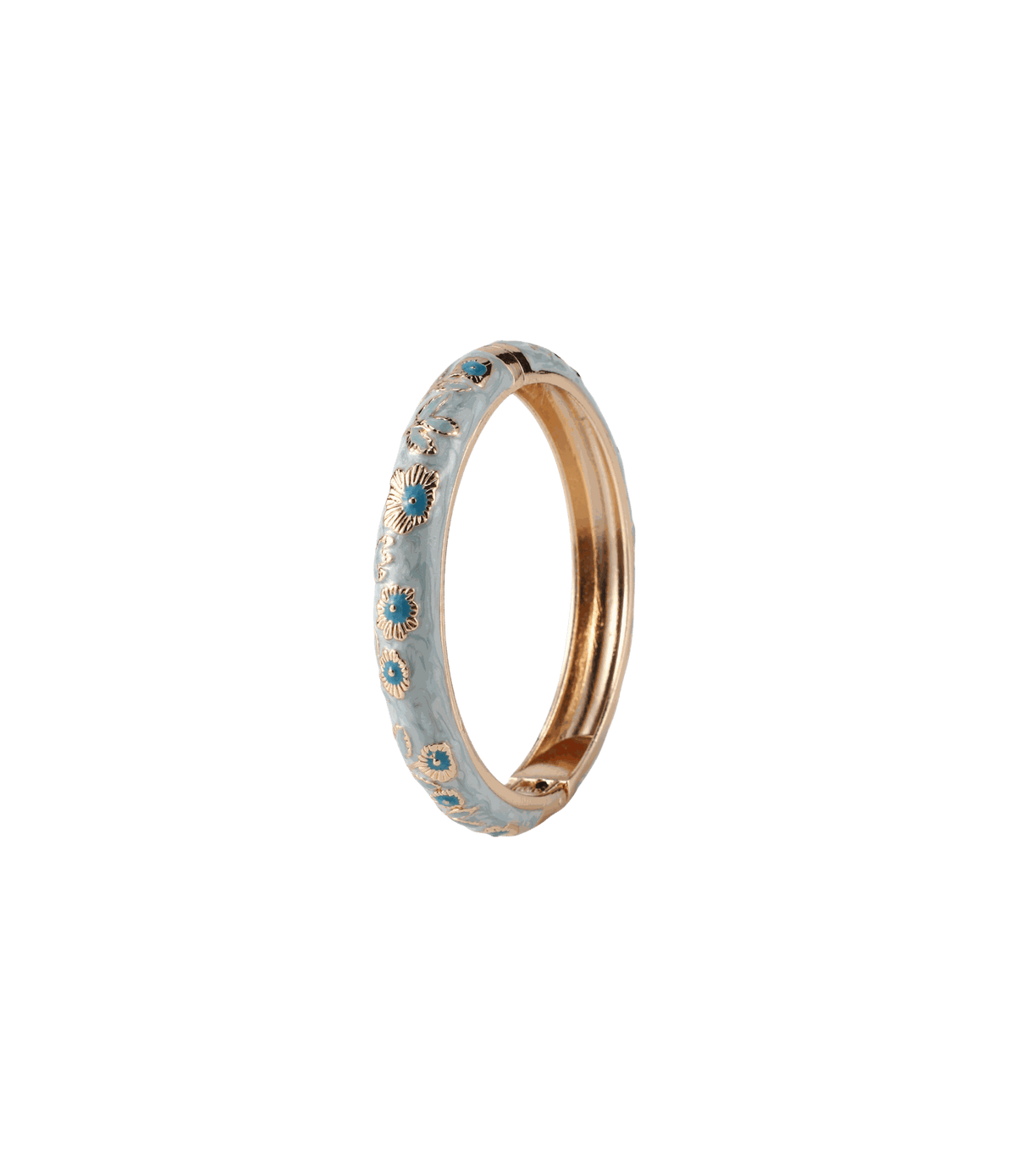 POPPY BANGLE IN LIGHT BLUE, slim gold-tone bangle with pale blue enamel and raised floral detailing.