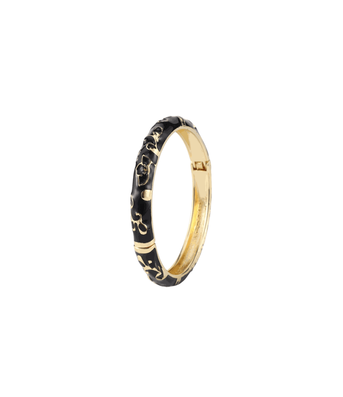 Enamel bangle in black and gold-tone metal, DAHLIA BANGLE IN BLACK, with ornate floral detailing and a slim band.