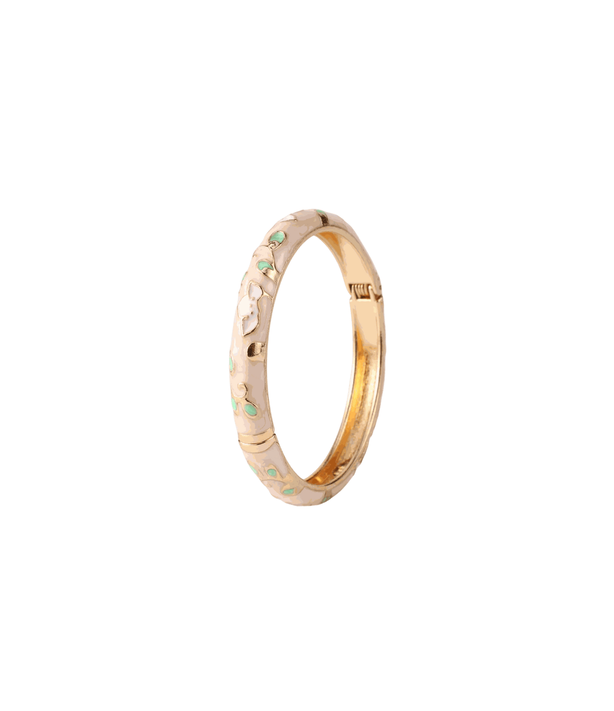 DAHLIA BANGLE IN PINK, gold-tone metal bangle with pale pink enamel, raised white flowers and green leaf accents.
