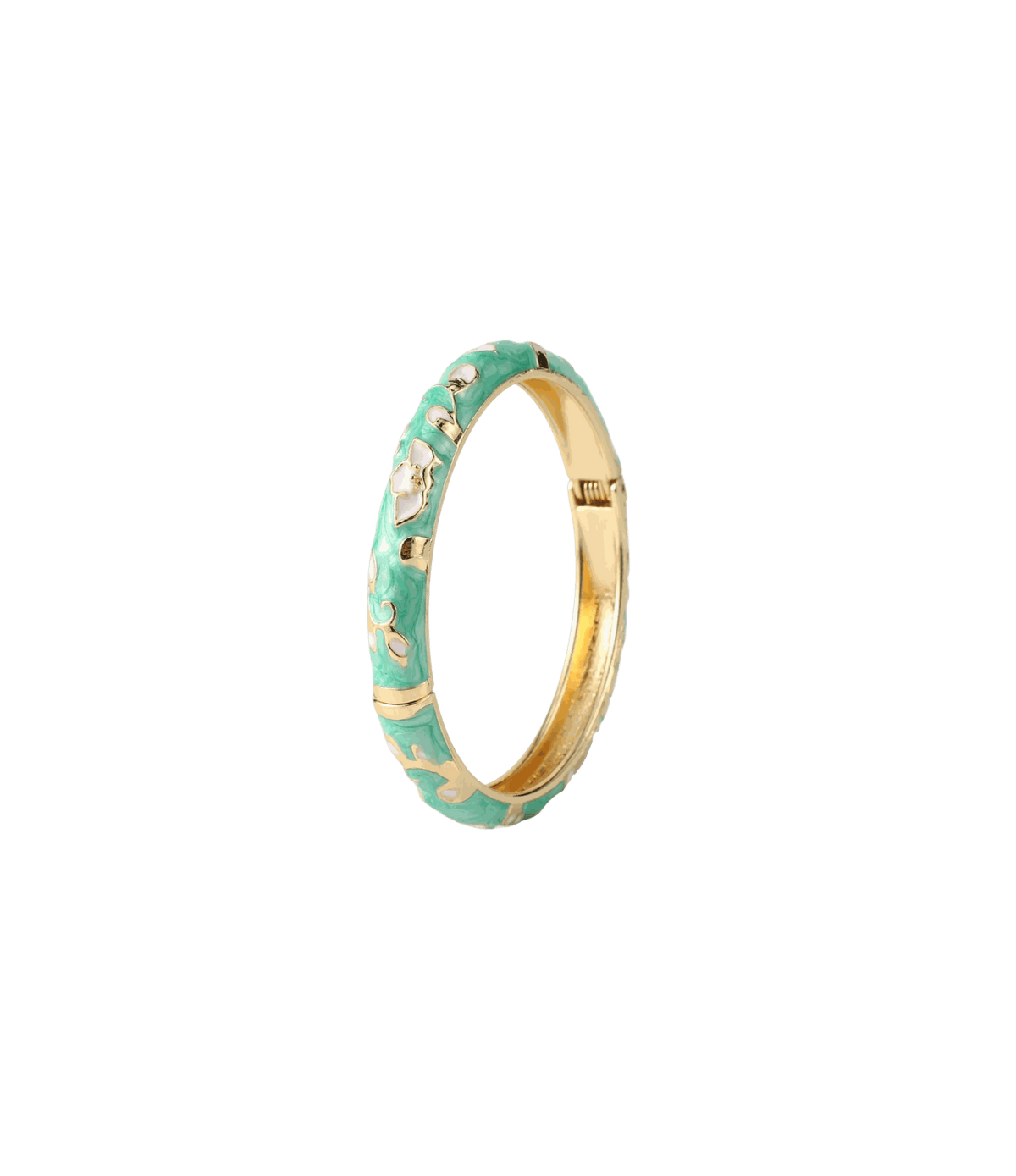 Bangle in DAHLIA BANGLE IN TEAL GREEN, with turquoise enamel floral pattern, gold-tone metal edging and clasp.