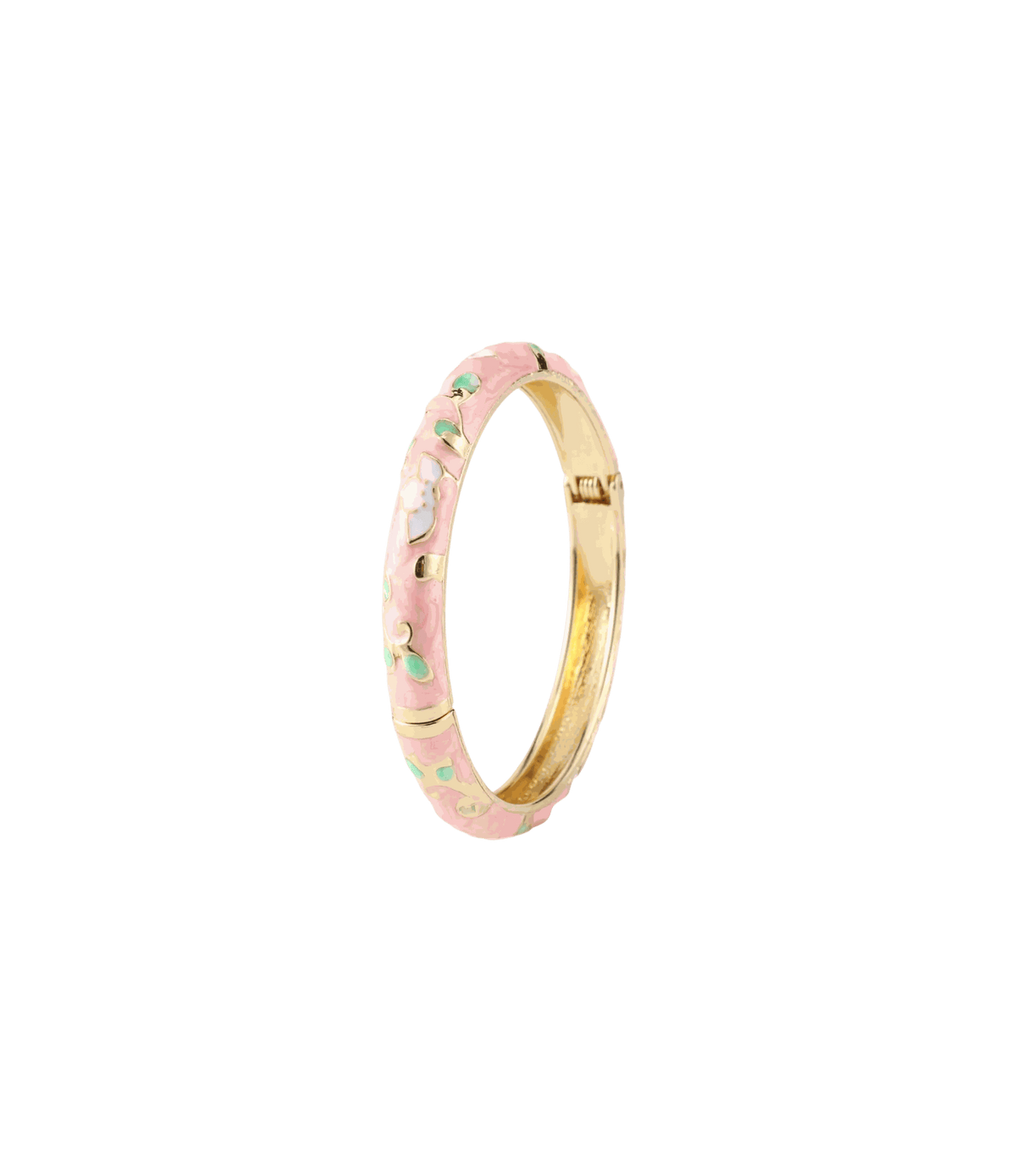 Bangle DAHLIA BANGLE IN BUBBLE PINK, with a gold-tone metal band decorated in pink and mint enamel floral details.