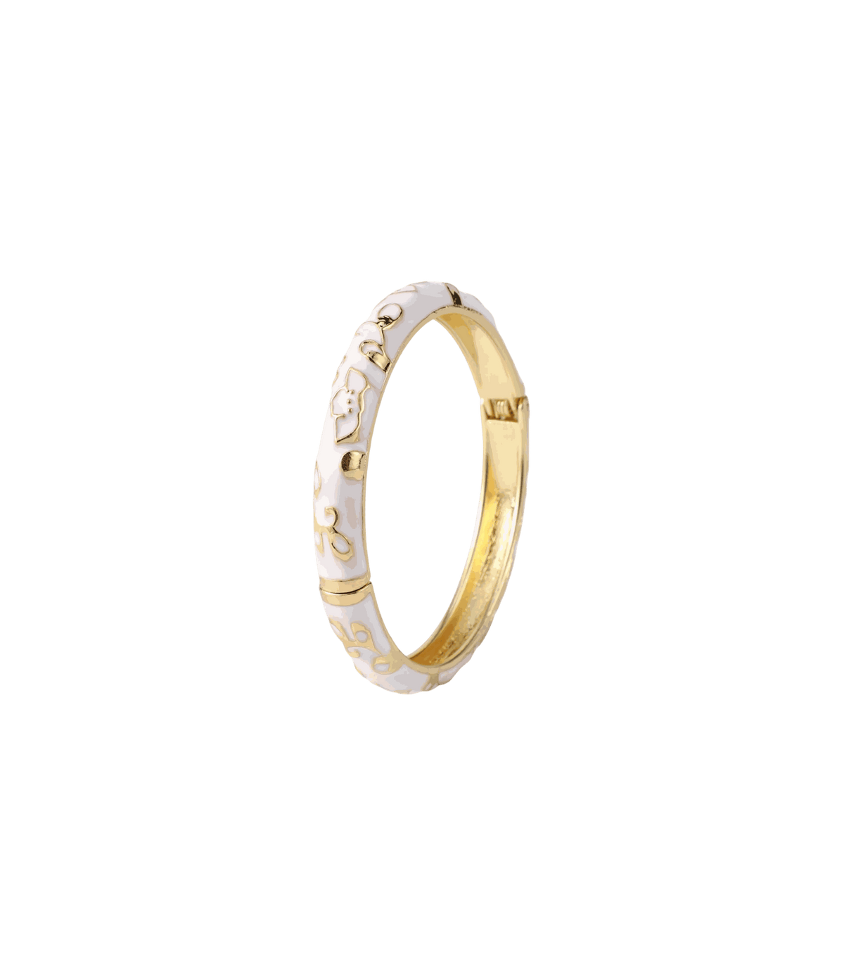 DAHLIA BANGLE IN SNOWDROP, gold-tone zinc alloy bangle with white enamel floral detailing and a hinged clasp.