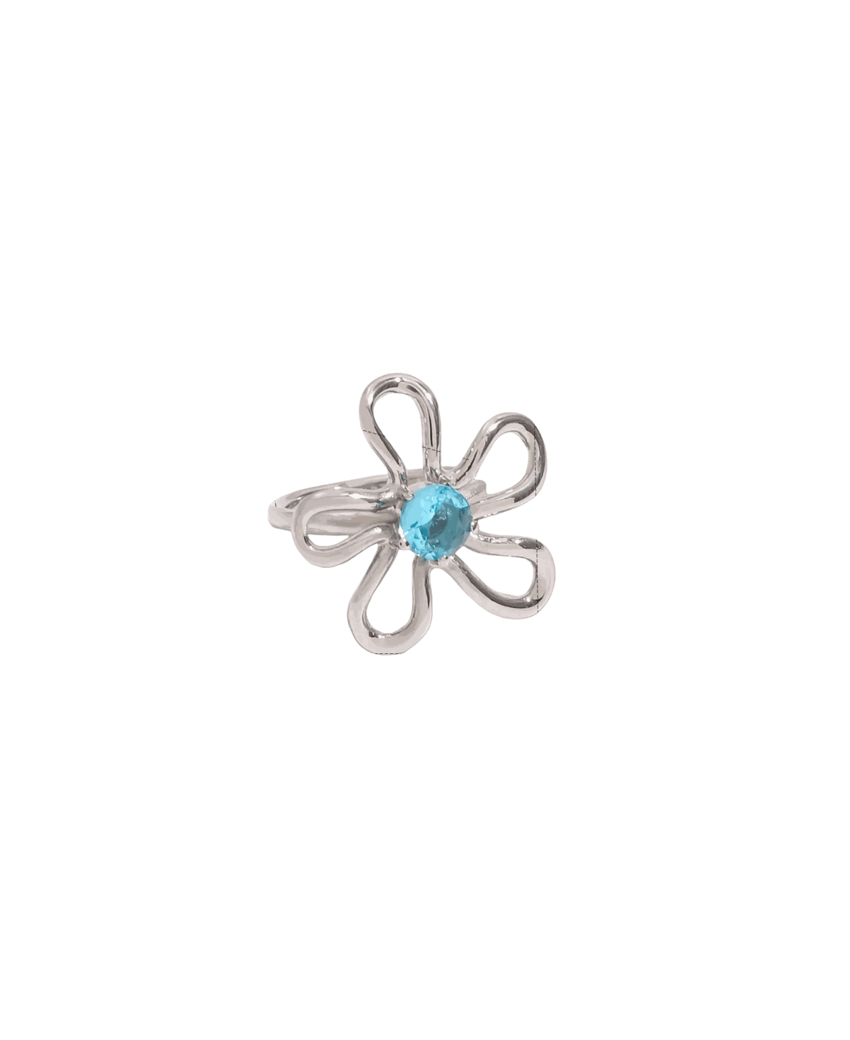 Daisy Ring in silver-tone metal with open looped petals and a bright blue centre stone