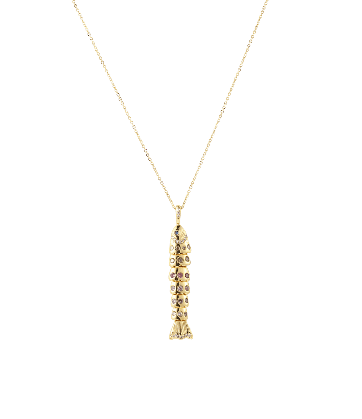 DELILAH XL FISH NECKLACE with a gold-tone chain and elongated fish pendant set with multicoloured stones