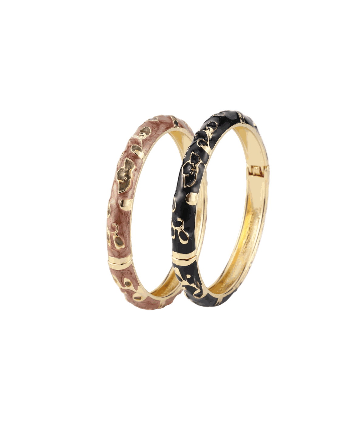 Double Shot Please Enamel Bangle Set with two slim brown and black enamel bangles, gold-tone edges and floral detailing