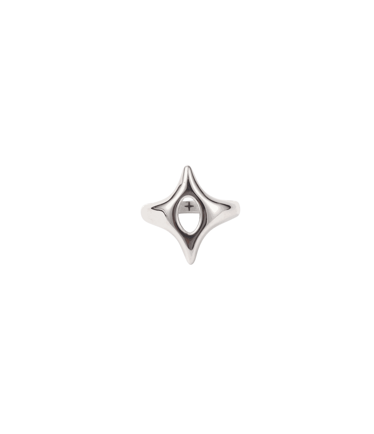 Silver stainless steel ring with a polished sculptural four-point star shape and open centre, unlike the CHERRY ITALIAN CHARM BRACELET.
