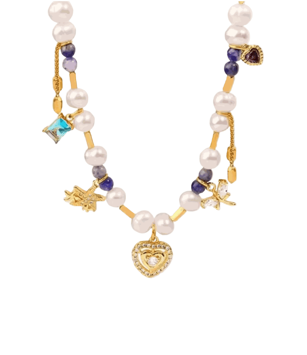 EVANGELINE NECKLACE with white pearls, purple and blue beads, gold-tone links, charms, and a heart pendant.