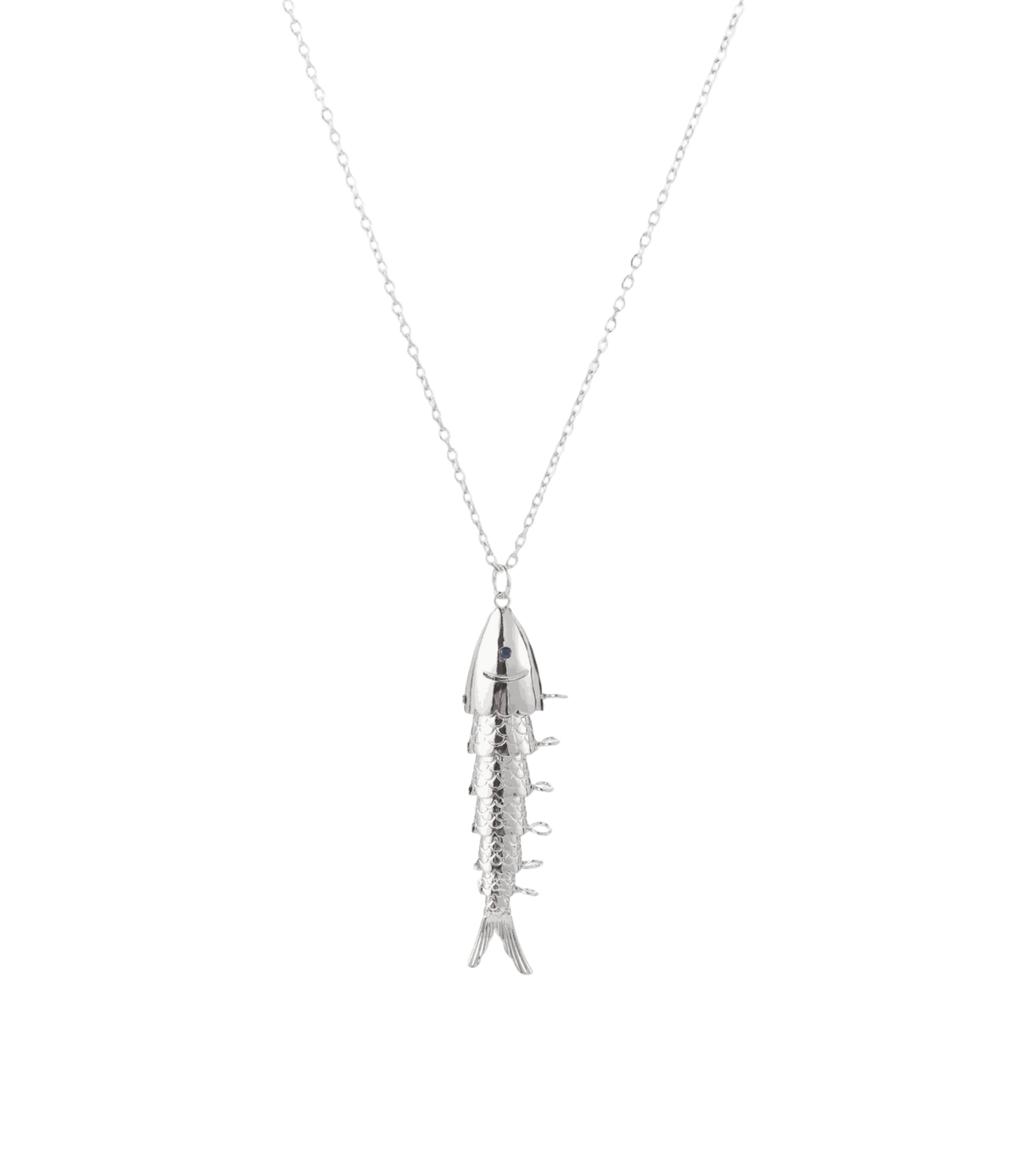 FIONA FISH NECKLACE with a silver-tone chain and elongated fish pendant featuring raised textured details and a tail