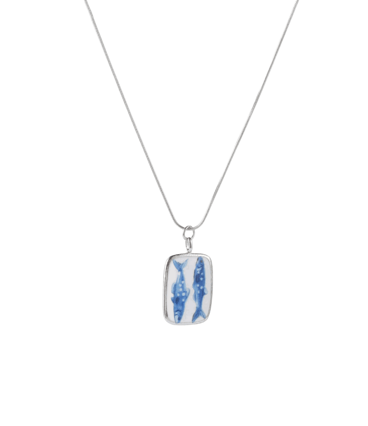 Fish Charm Necklace - Long necklace 70cm chain in silver tone, with a small rectangular pendant featuring a blue fish illustration.