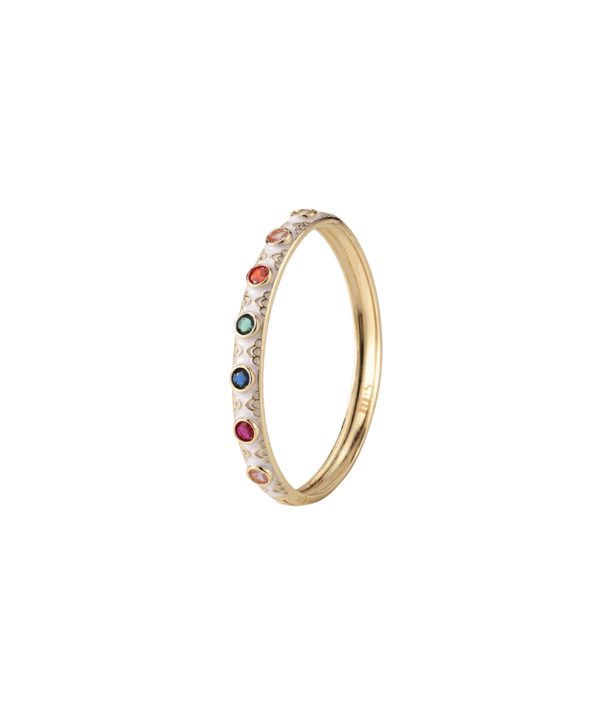 Gemini Bangle In White - Chinese cloisonné bangle with a white enamel band, gold-tone edges and multicoloured stones.