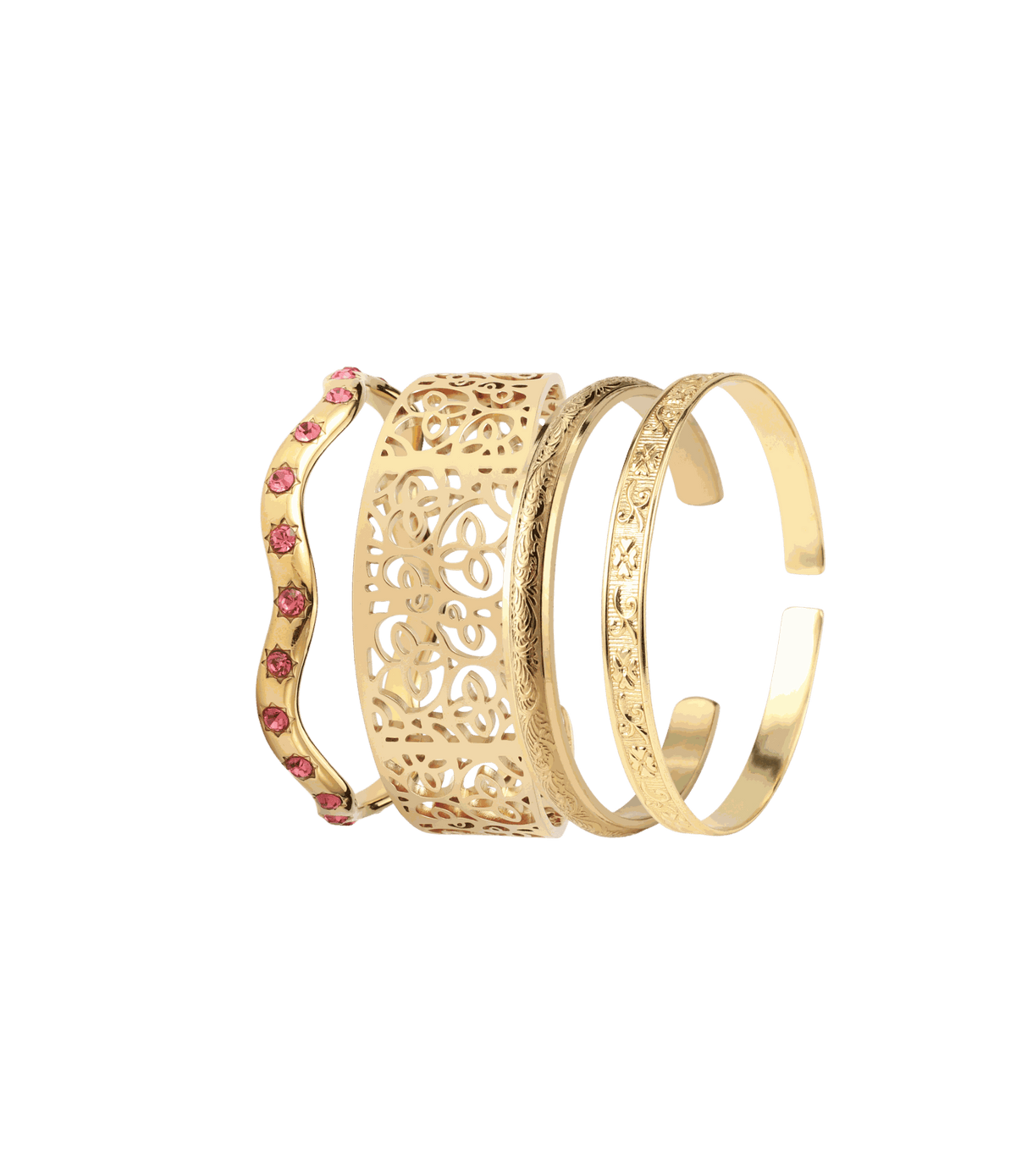 Gilded Romance Bangle Set - Gold Bangle Set with four gold-tone bangles, including ornate filigree, engraved and pink-stone details