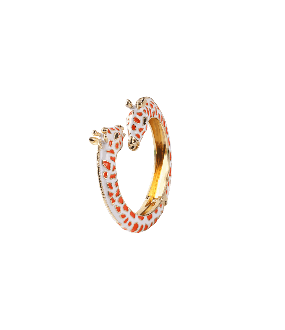 GIRAFFE BANGLE IN ORANGE with two white enamel giraffe heads, orange spots and a polished gold-tone metal band