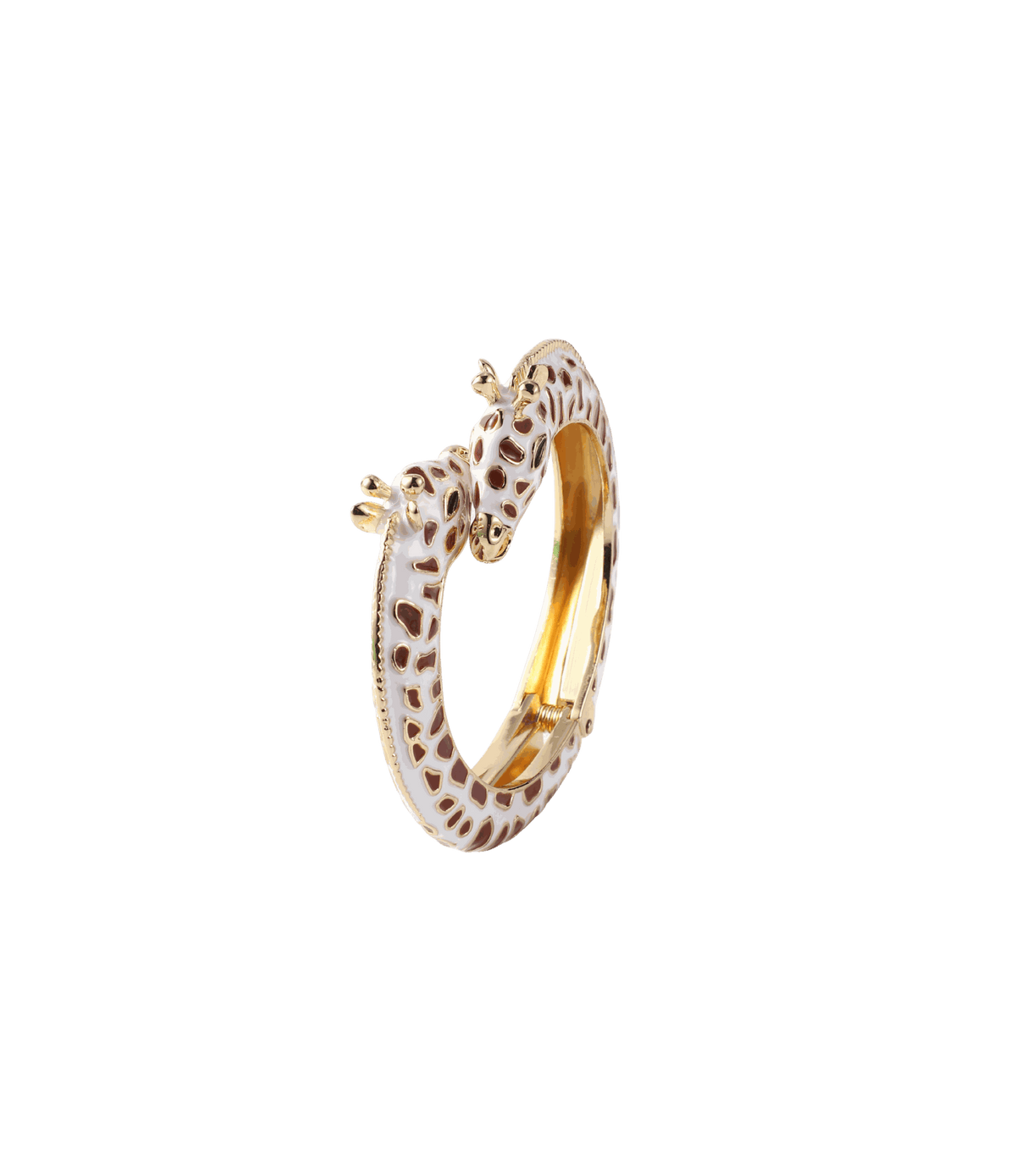 GIRAFFE BANGLE IN COFFEE, gold-tone metal with white enamel and brown giraffe spots, featuring a sculpted giraffe design.