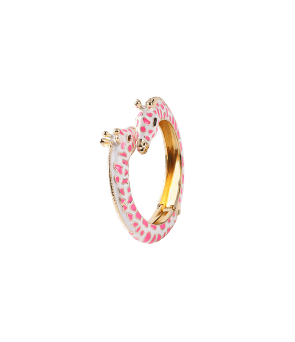 Enamel GIRAFFE BANGLE IN PINK with a white base, bright pink giraffe spots and gold-tone interior and ends.