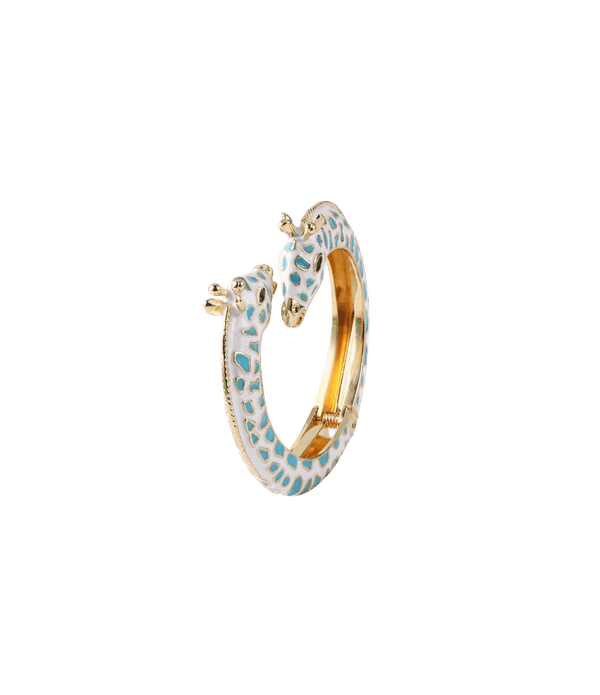 Giraffe Enamel Bangle in Teal, gold-tone open cuff with two giraffe heads and pale enamel dotted with teal spots