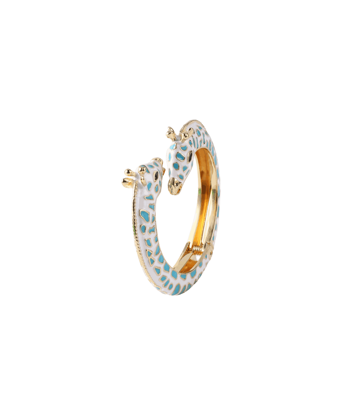 Giraffe Enamel Bangle in Teal, gold-tone open cuff with two giraffe heads and pale enamel dotted with teal spots