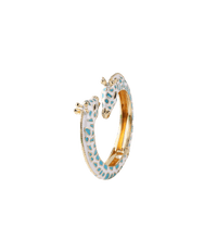 Giraffe Enamel Bangle in Teal, gold-tone open cuff with two giraffe heads and pale enamel dotted with teal spots