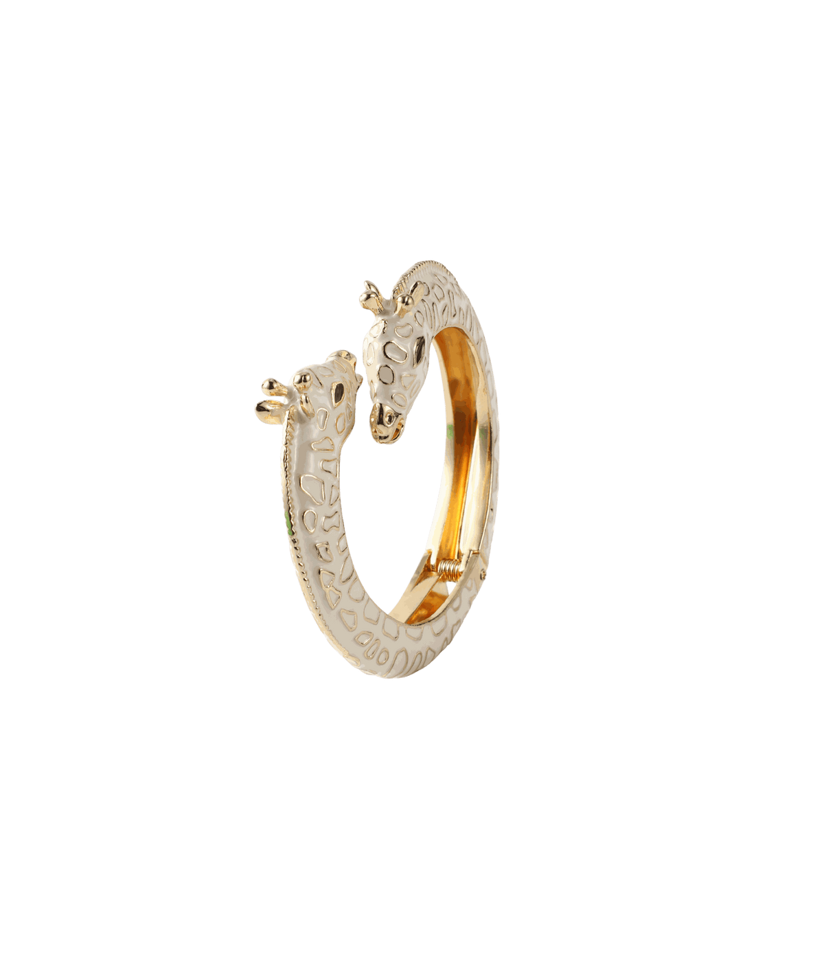 Giraffe Enamel Bangle in White, glossy white enamel with gold-tone metal, shaped as two giraffe heads with textured spots.