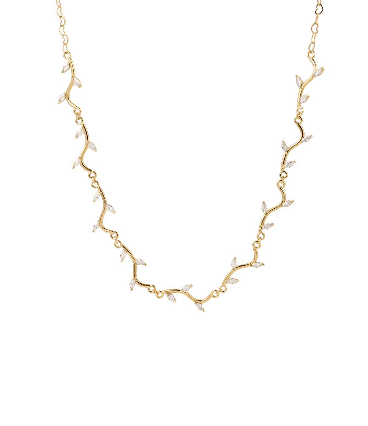 Ivy Necklace in gold-toned metal, with a delicate curved vine design, leafy details and small clear stones.