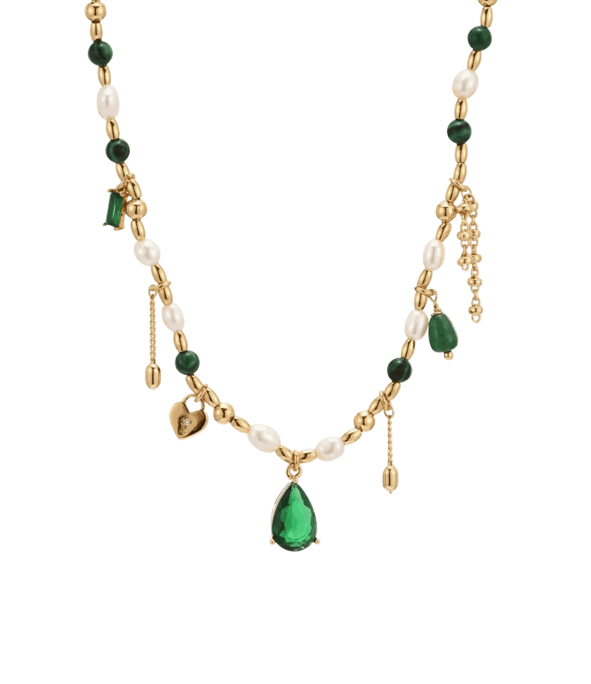 Josephine Necklace - Bead and Pearl Necklace in gold-tone metal with alternating green and white beads, pearl-like beads and dangling charms