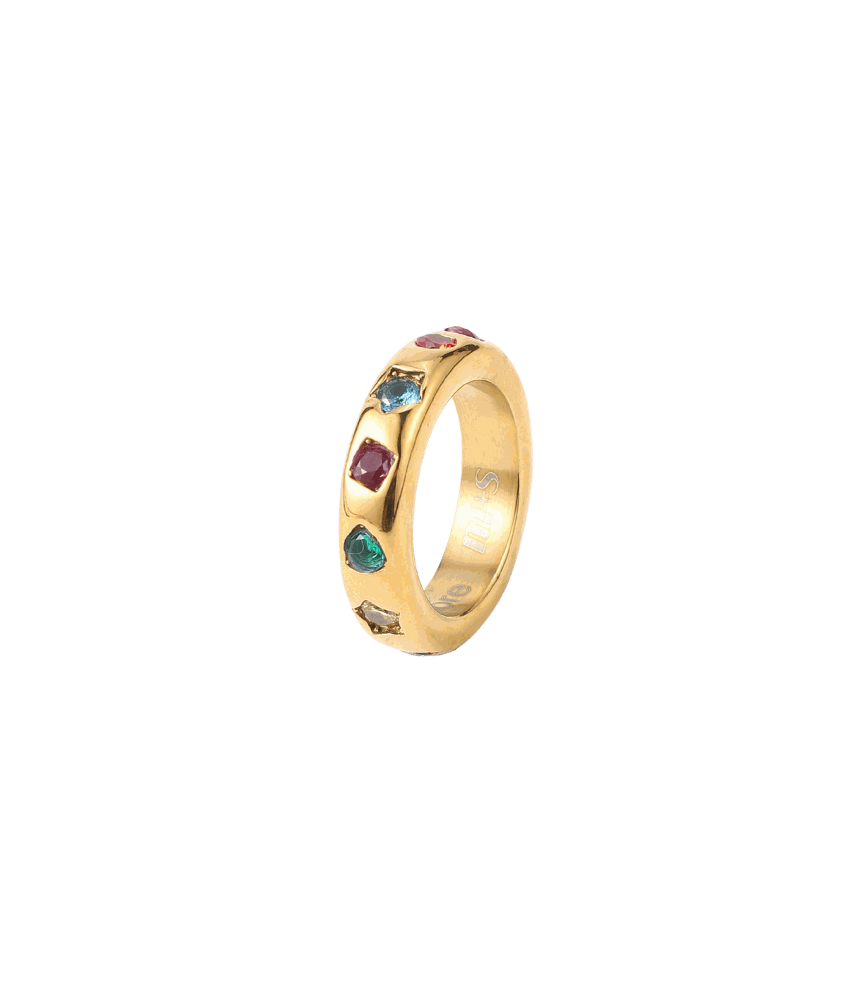 KODY RING gold-tone metal band with colourful faceted stones set along the front in a playful design