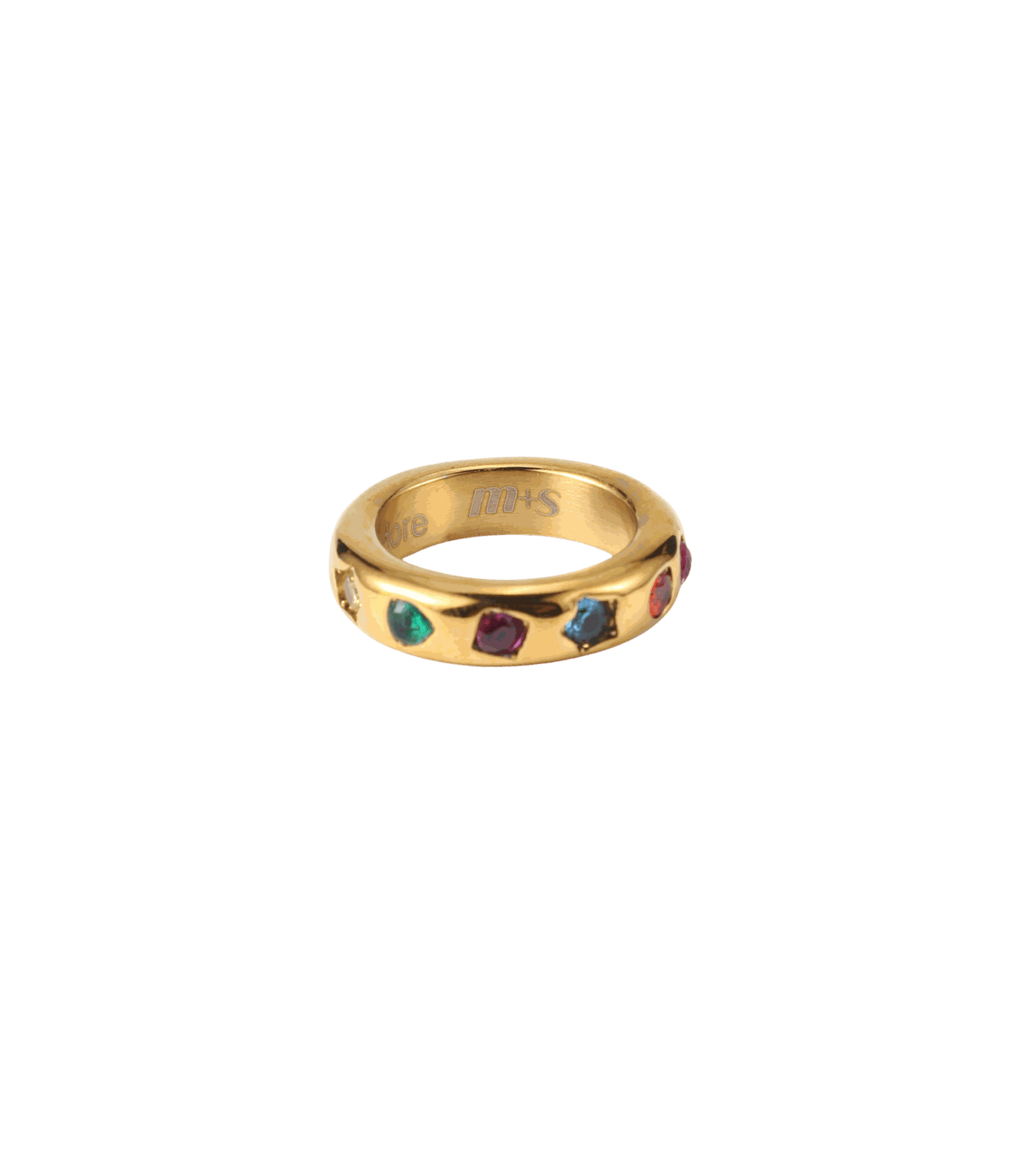 KODY RING in gold-tone metal with multicolour inset stones, featuring a smooth, slim stackable band design.