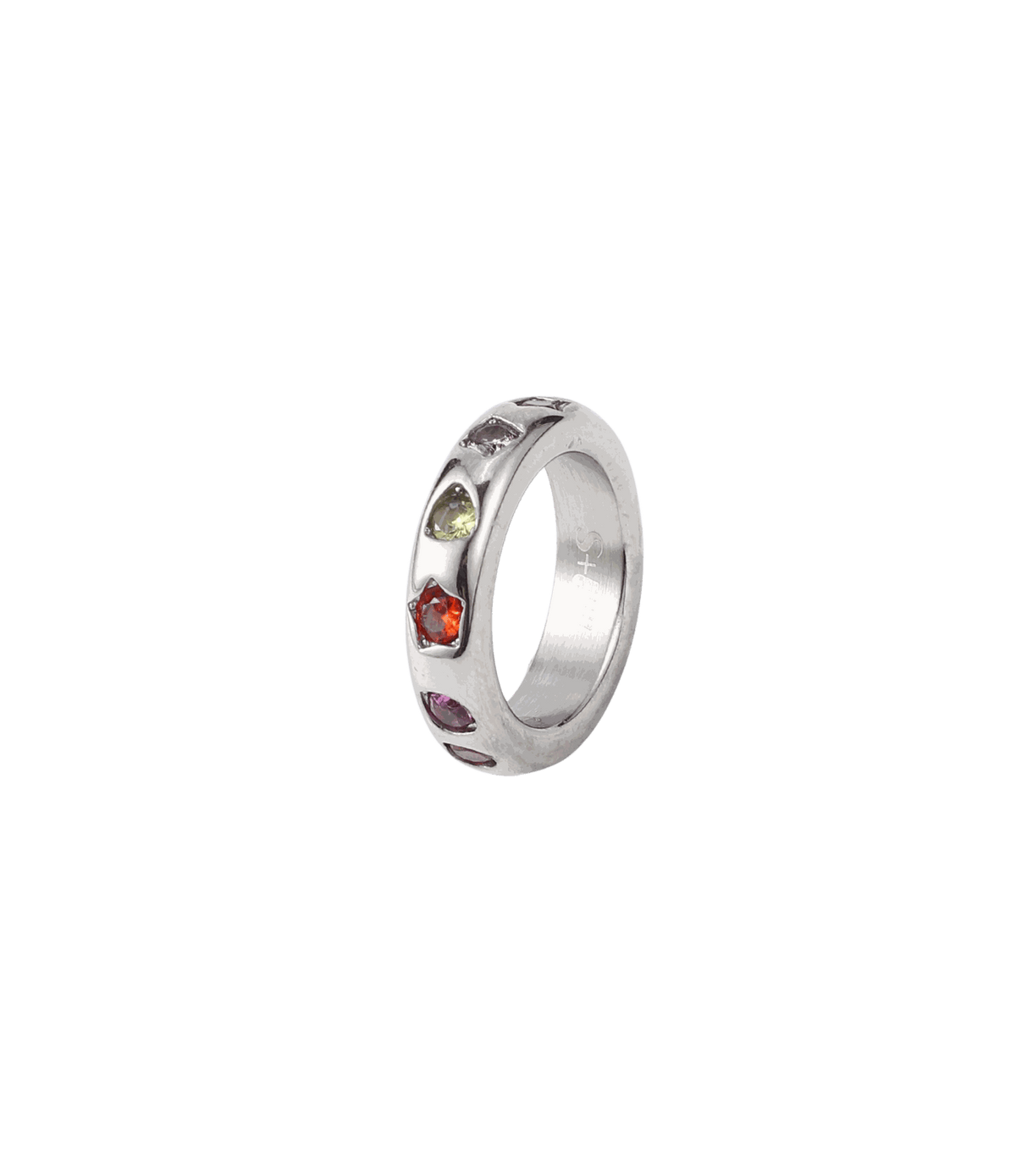 KODY RING silver stainless steel band with multicoloured oval stones set along the front and sides