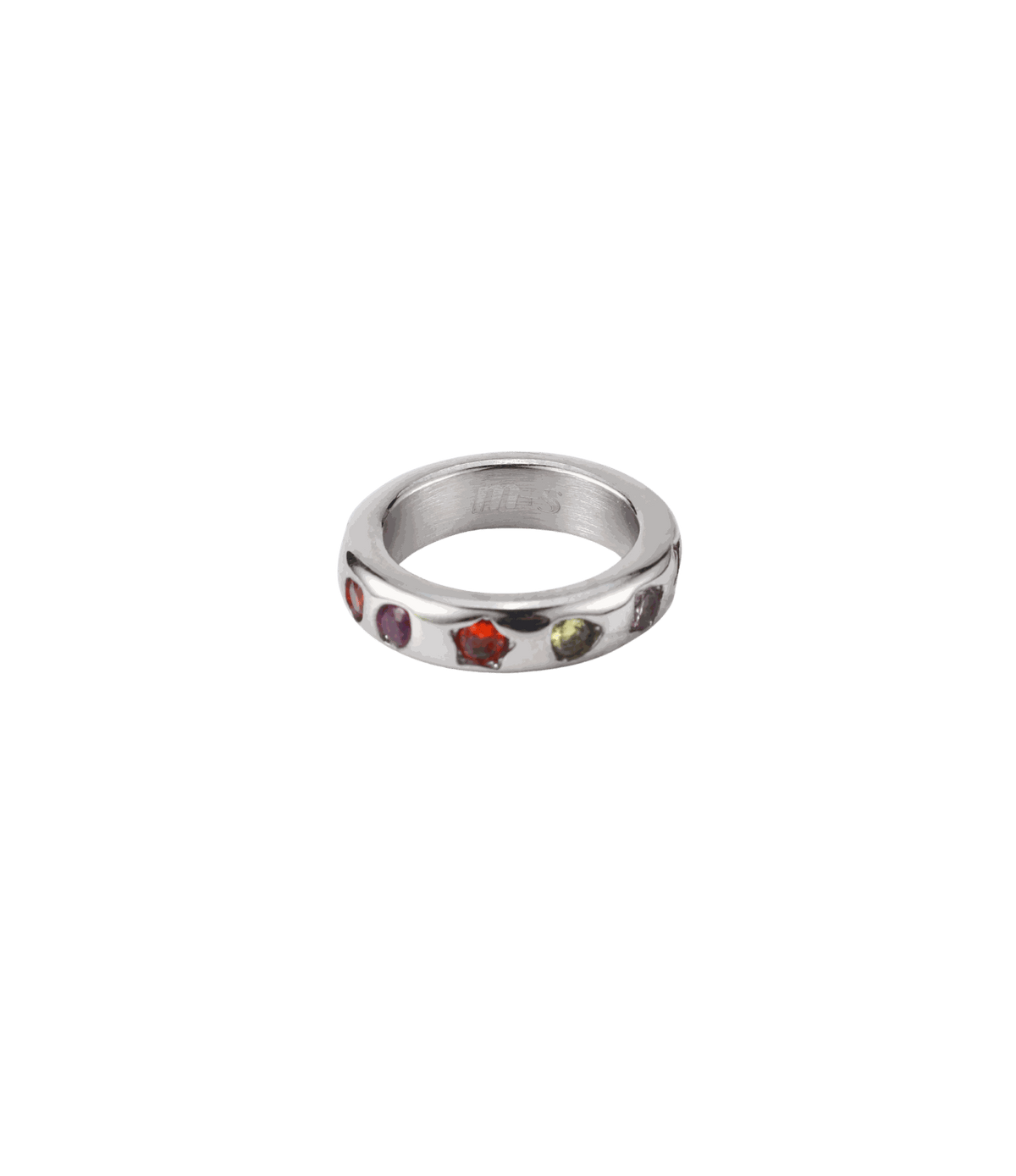 KODY RING is a silver-tone stainless steel band with colorful raised oval and round stones set around the ring.