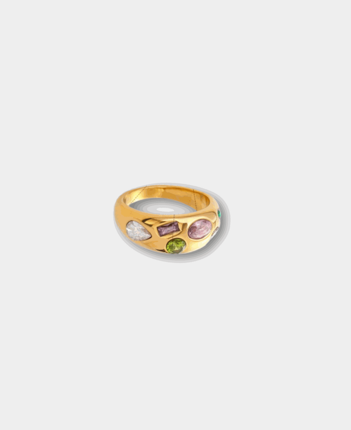 LILA RING chunky gold-tone band with irregular clear, purple, pink and green stones set across the front.