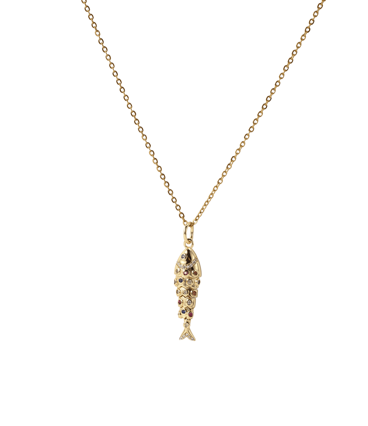 Lola Fish Necklace - Long chain made for layering in gold-tone metal, with a slender fish pendant set with multicoloured stones