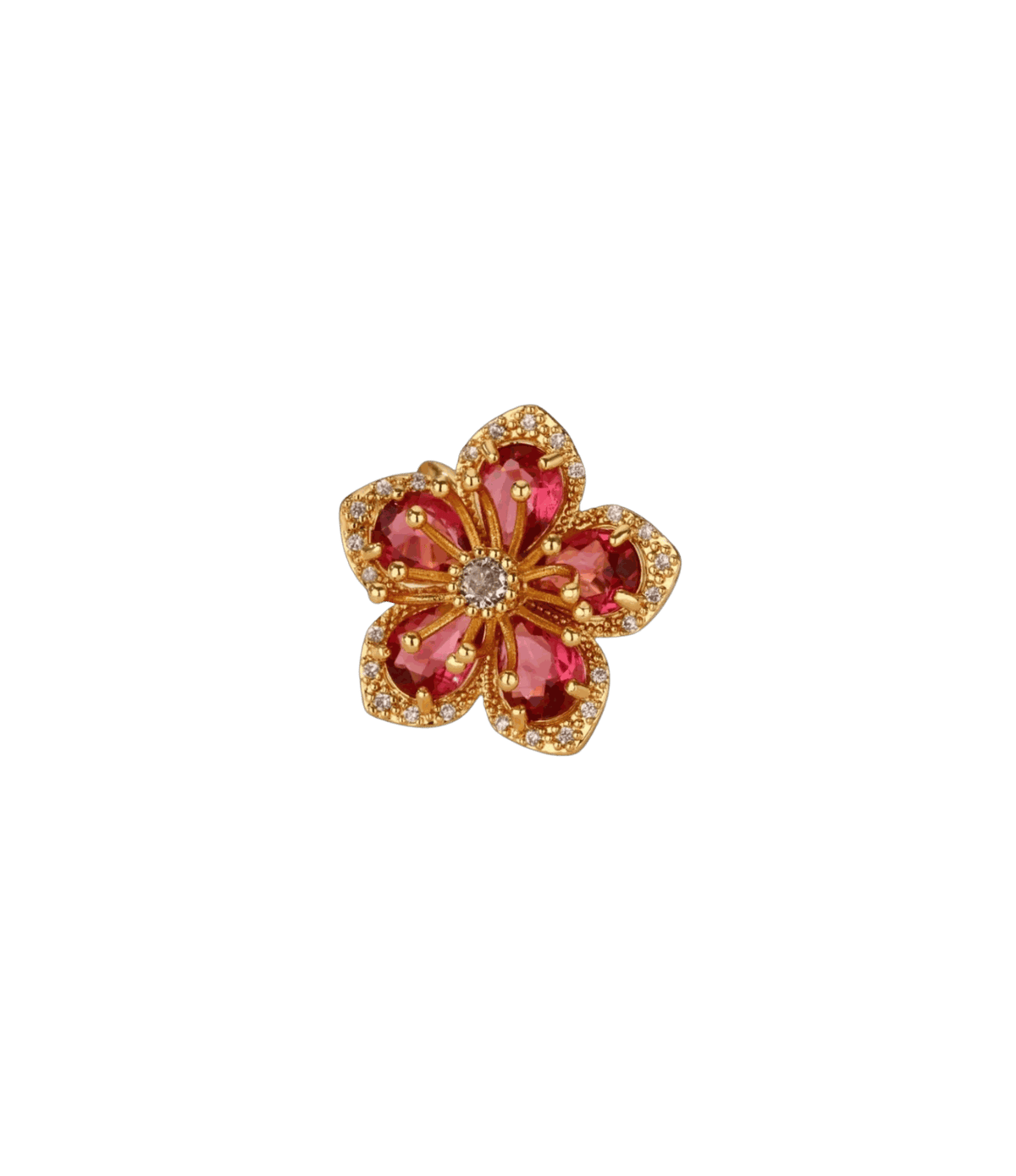 Lovela Ring in Red, an oversized gold-toned flower ring with vivid red petals and sparkling crystal borders