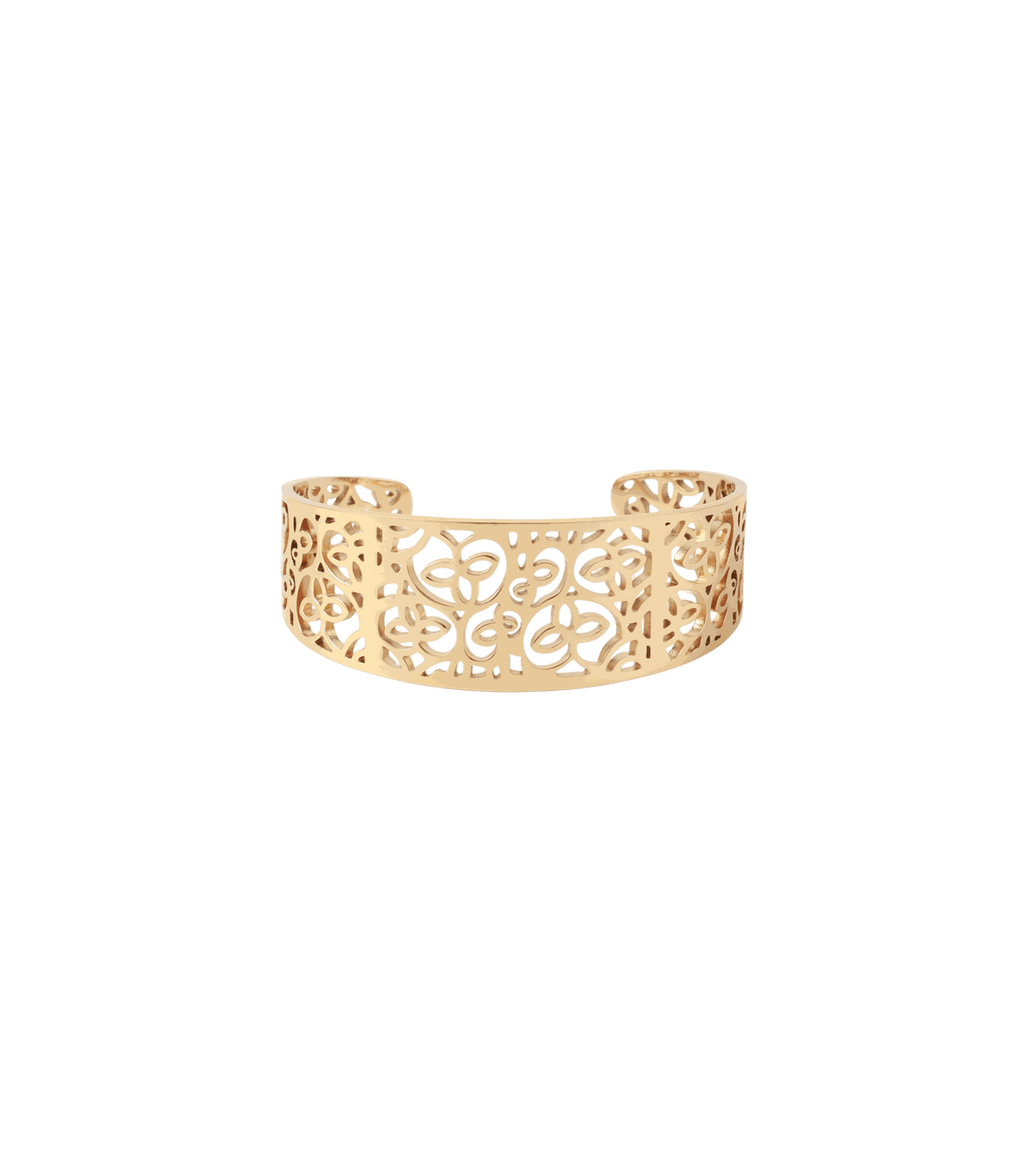 MAGNOLIA BANGLE in gold-tone metal with an openwork floral pattern and a wide, curved cuff shape