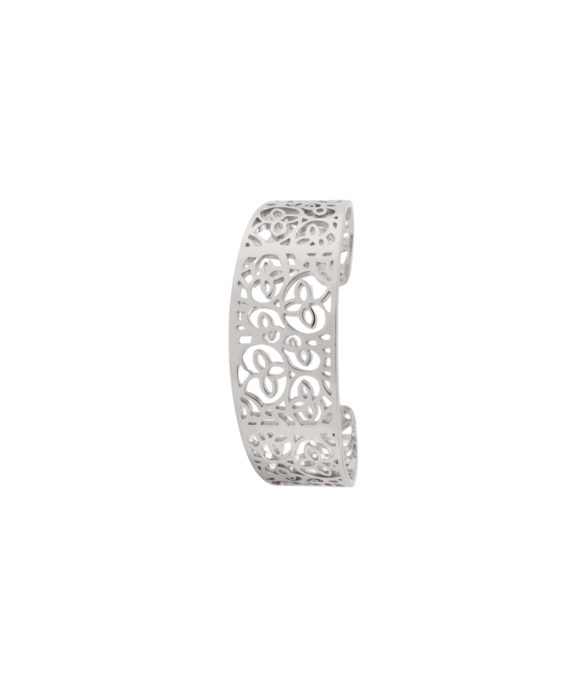 MAGNOLIA BANGLE silver-tone open cuff bangle with intricate floral scrollwork and a polished metal finish