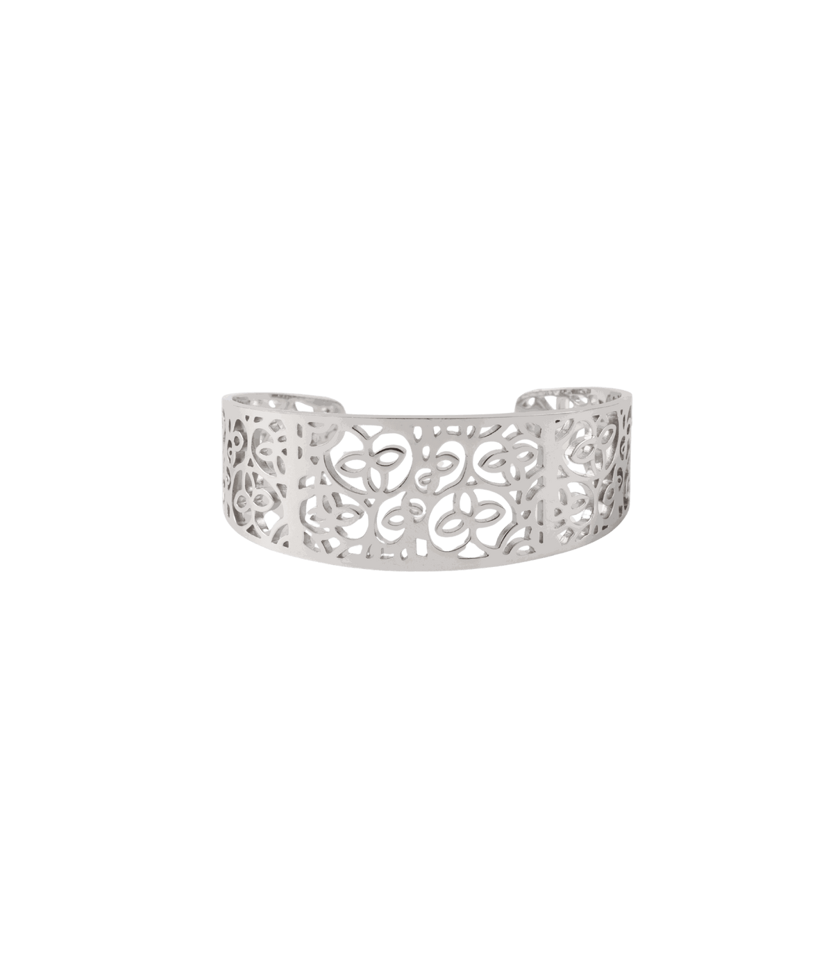 MAGNOLIA BANGLE, a silver-tone metal cuff with an intricate openwork floral pattern and polished finish