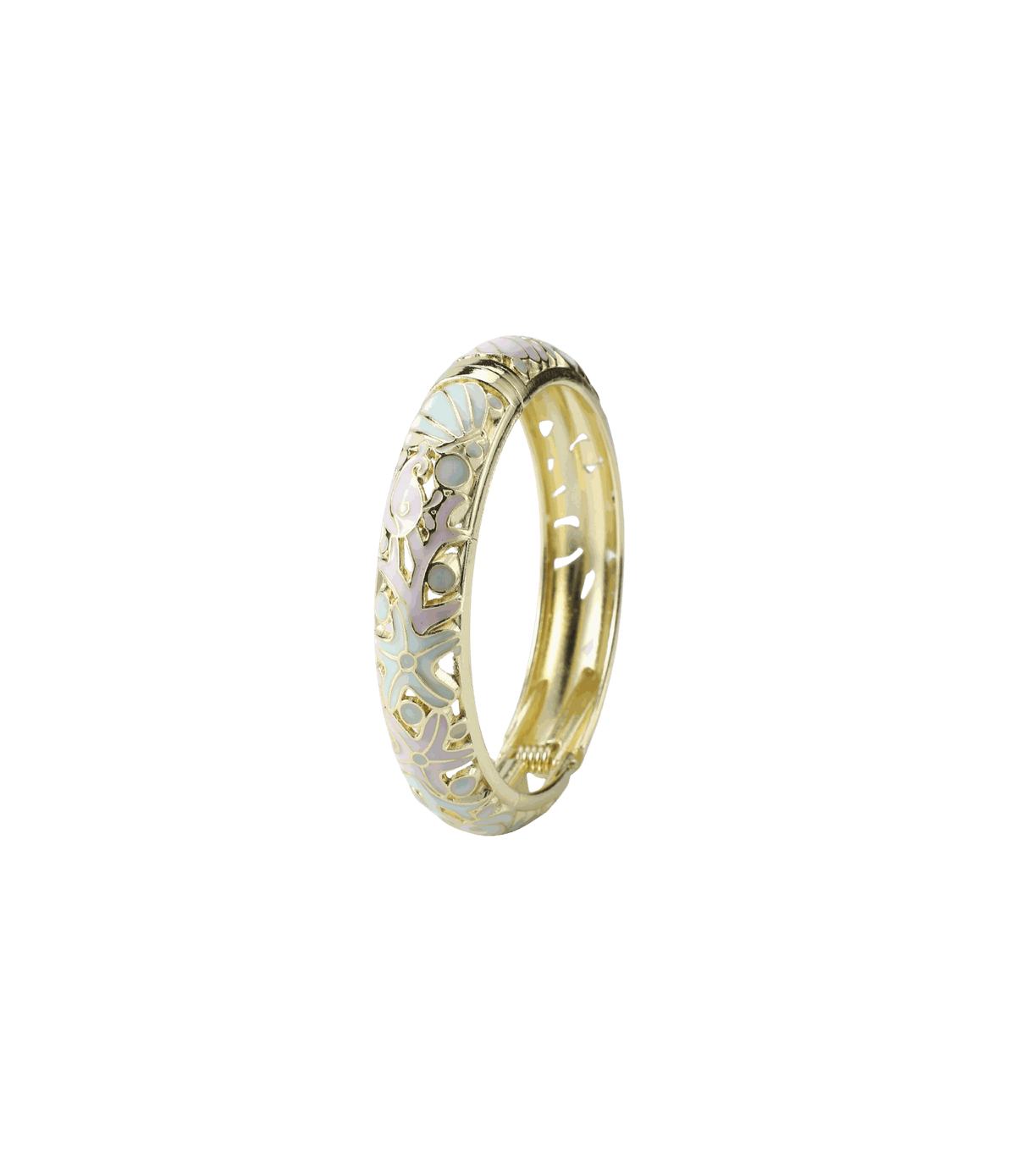 MERMAIDIA BANGLE IN DREAMY HUE, gold-tone metal bangle with pale blue and lavender enamel, ornate floral pattern and slim profile.