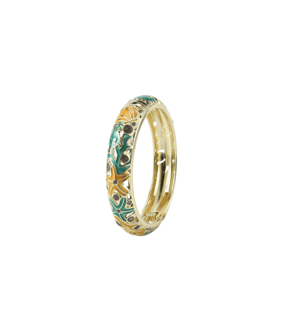 Bangle in gold-tone metal with multicoloured enamel floral detailing, MERMAIDIA BANGLE IN GUAVA features a hinged clasp.