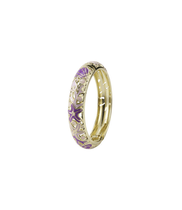 MERMAIDIA BANGLE IN PURPLE, gold-tone bangle with purple and pale pink enamel accents and ornate cutout detailing.