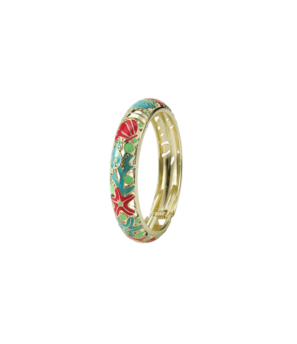 Enamel bangle in gold-tone metal with red, turquoise, and green ocean-inspired motifs, MERMAIDIA BANGLE IN WATERMELON.