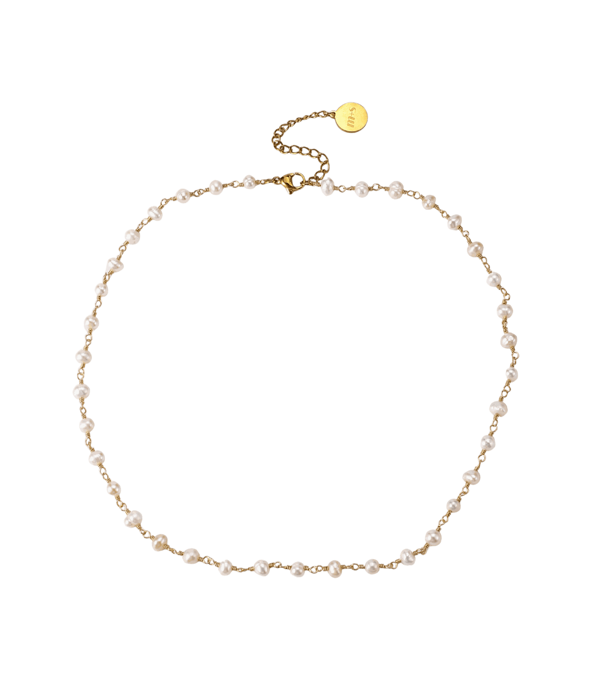 Mimi Pearl Necklace - Freshwater pearl necklace with irregular white pearls linked by delicate gold-tone metal and a clasp.