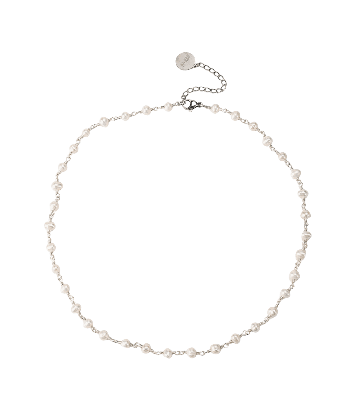 Mimi Pearl Necklace - Freshwater pearl necklace with small white pearls linked by a delicate silver-tone chain and clasp.