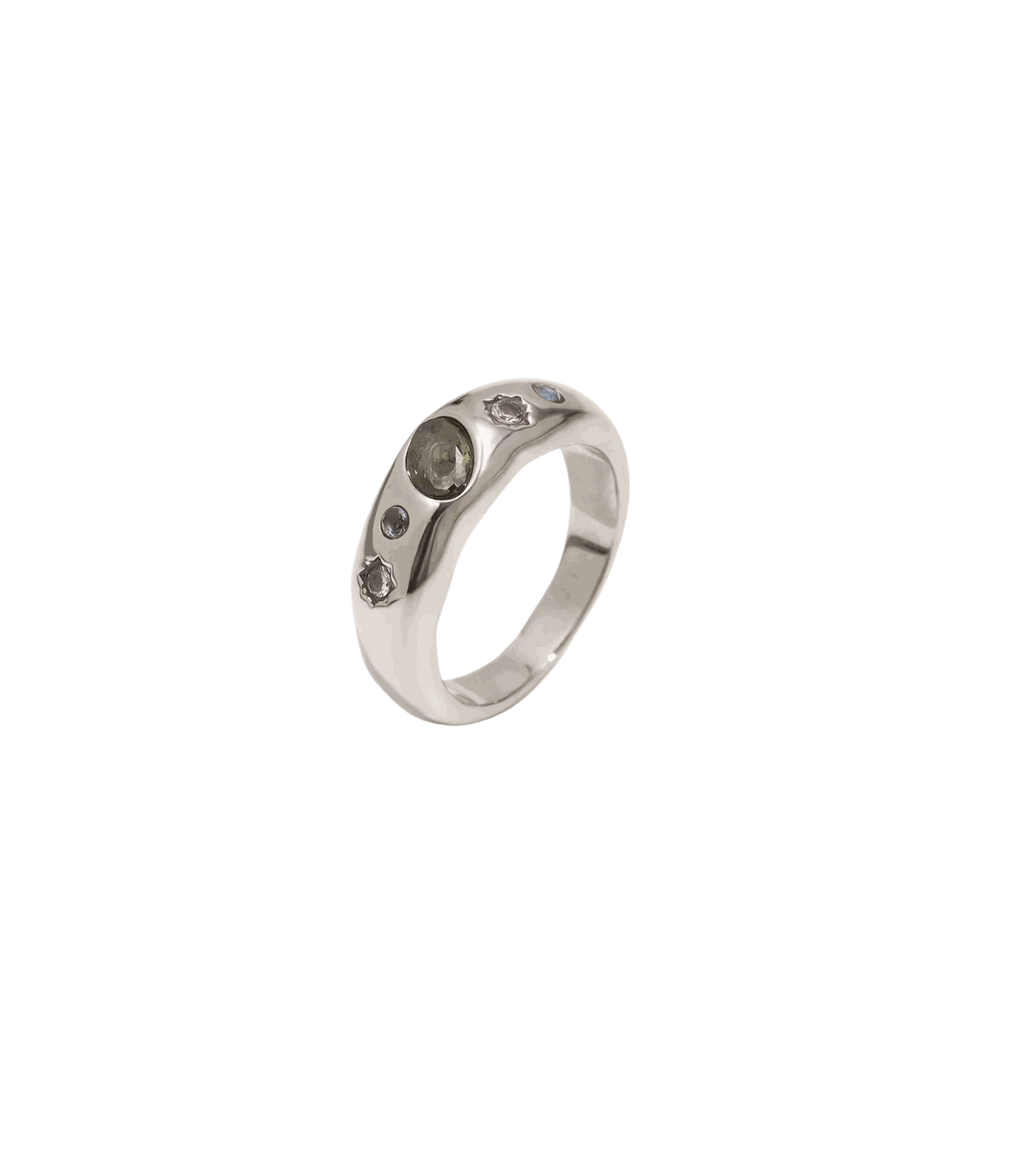 MINA RING with a chunky silver-tone band and several clear and smoky grey stones set along the top